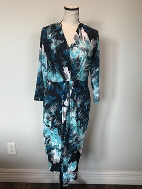 Michael Kors Small Wrap Dress Blue Black Floral Midi 3/4 Sleeve